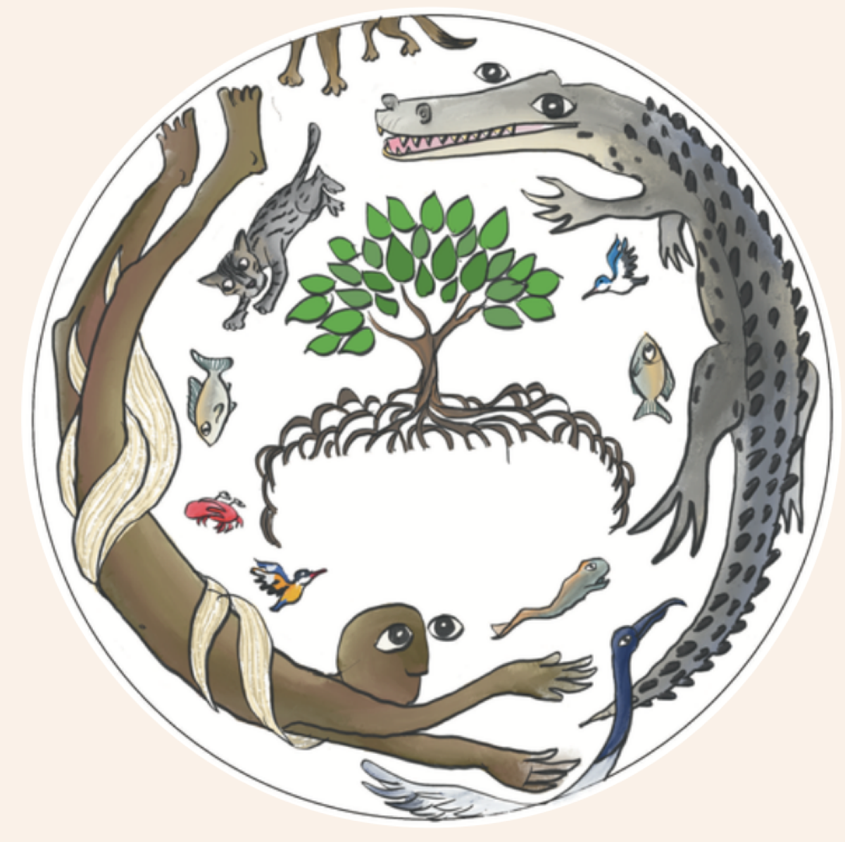 Circular illustration of a crocodile, human figure, tree, fish, crab and birds in a shared ecosystem
