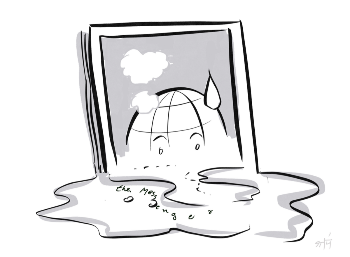Sketch of a melting laptop screen showing a distressed globe