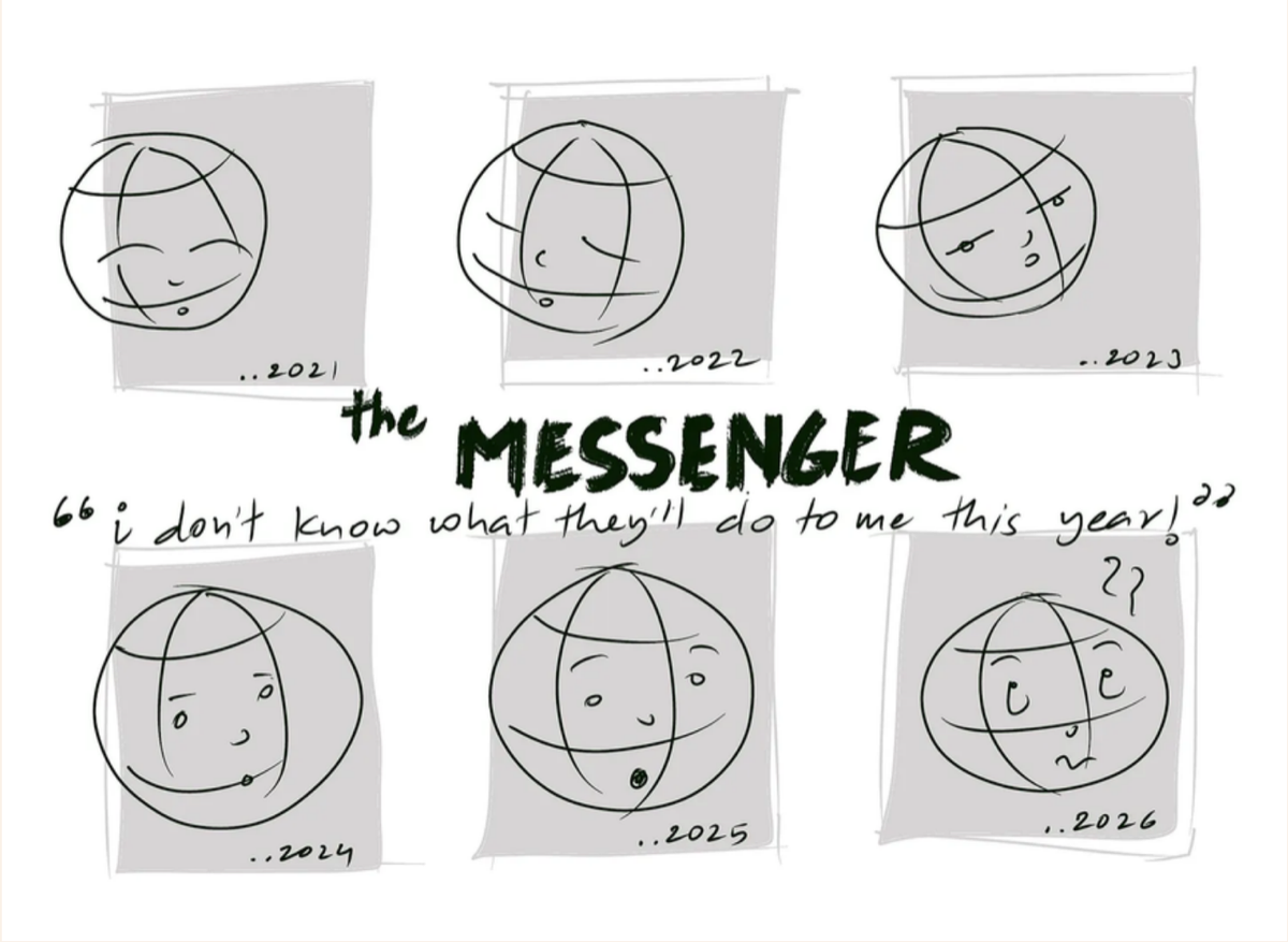 Six sketched globe faces from 2021 to 2026, captioned 'the Messenger — I don't know what they'll do to me this year!'
