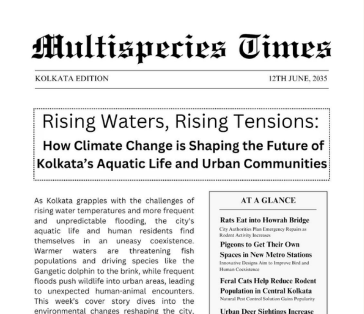 Mock newspaper front page, 'Multispecies Times', Kolkata Edition, headlined 'Rising Waters, Rising Tensions'
